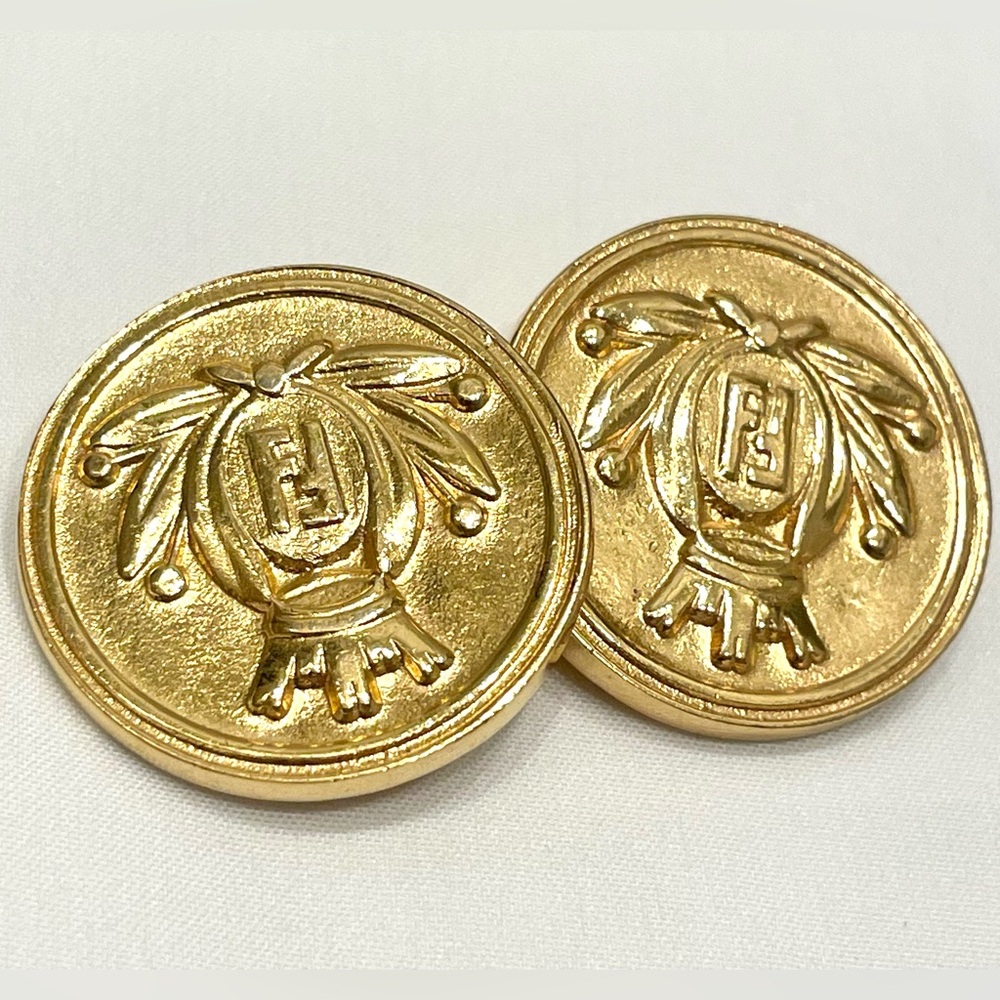 Vintage FENDI Gold Toned Crown Crest FF Logo Insignia RARE Clip On Earrings RARE